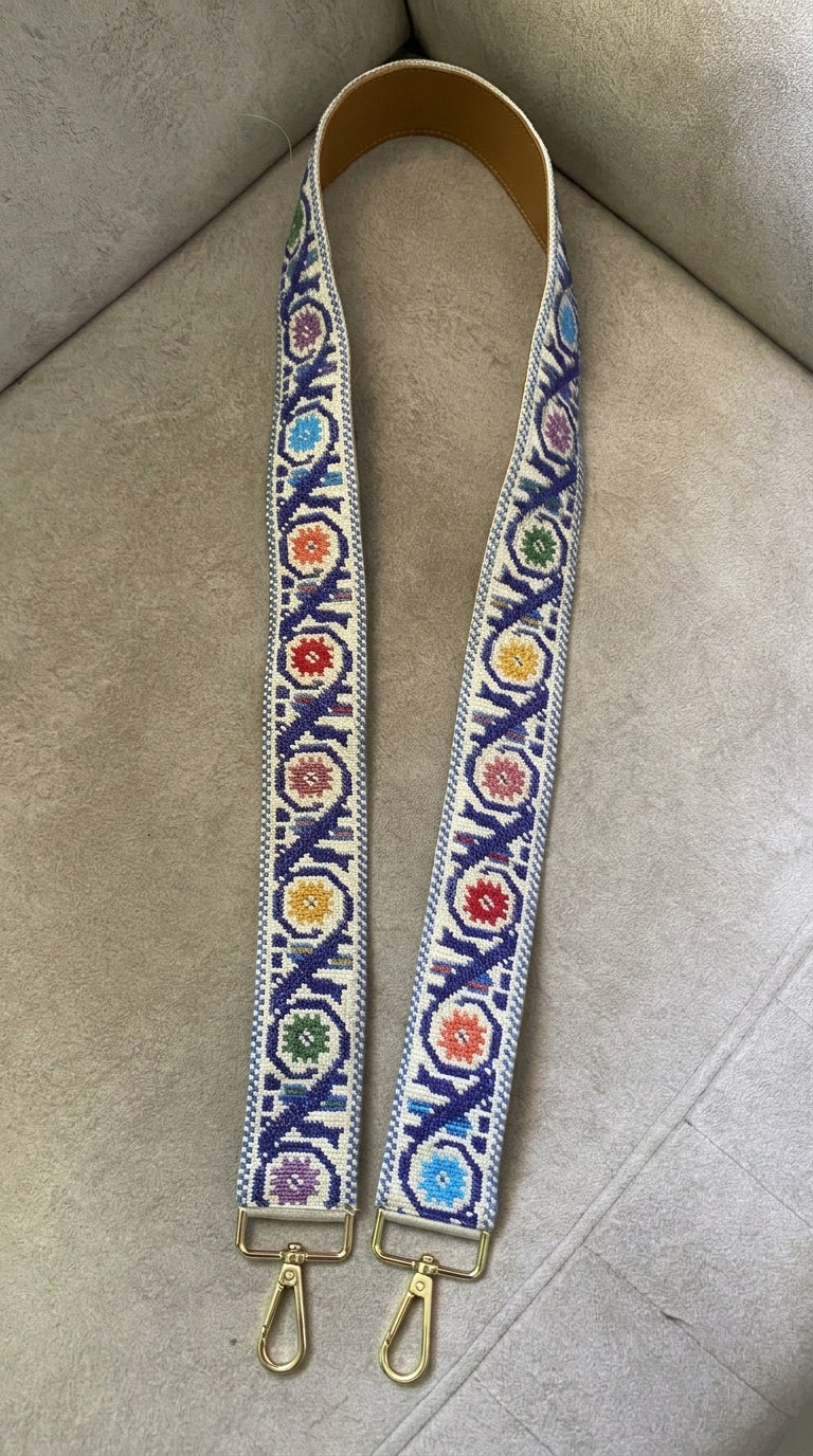 Yara Design – White Blue Floral Hand-Embroidered Bag Strap