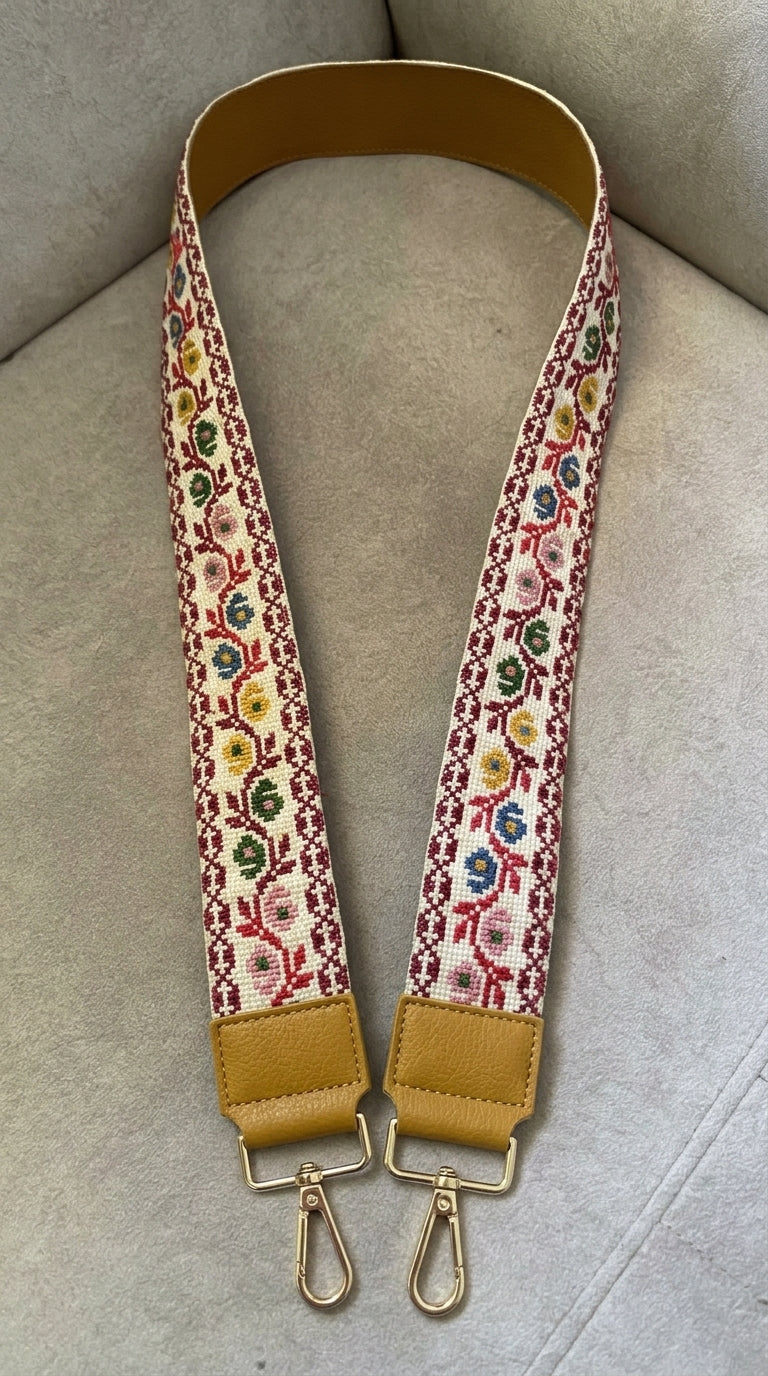 Cream Red Floral Hand-Embroidered Bag Strap