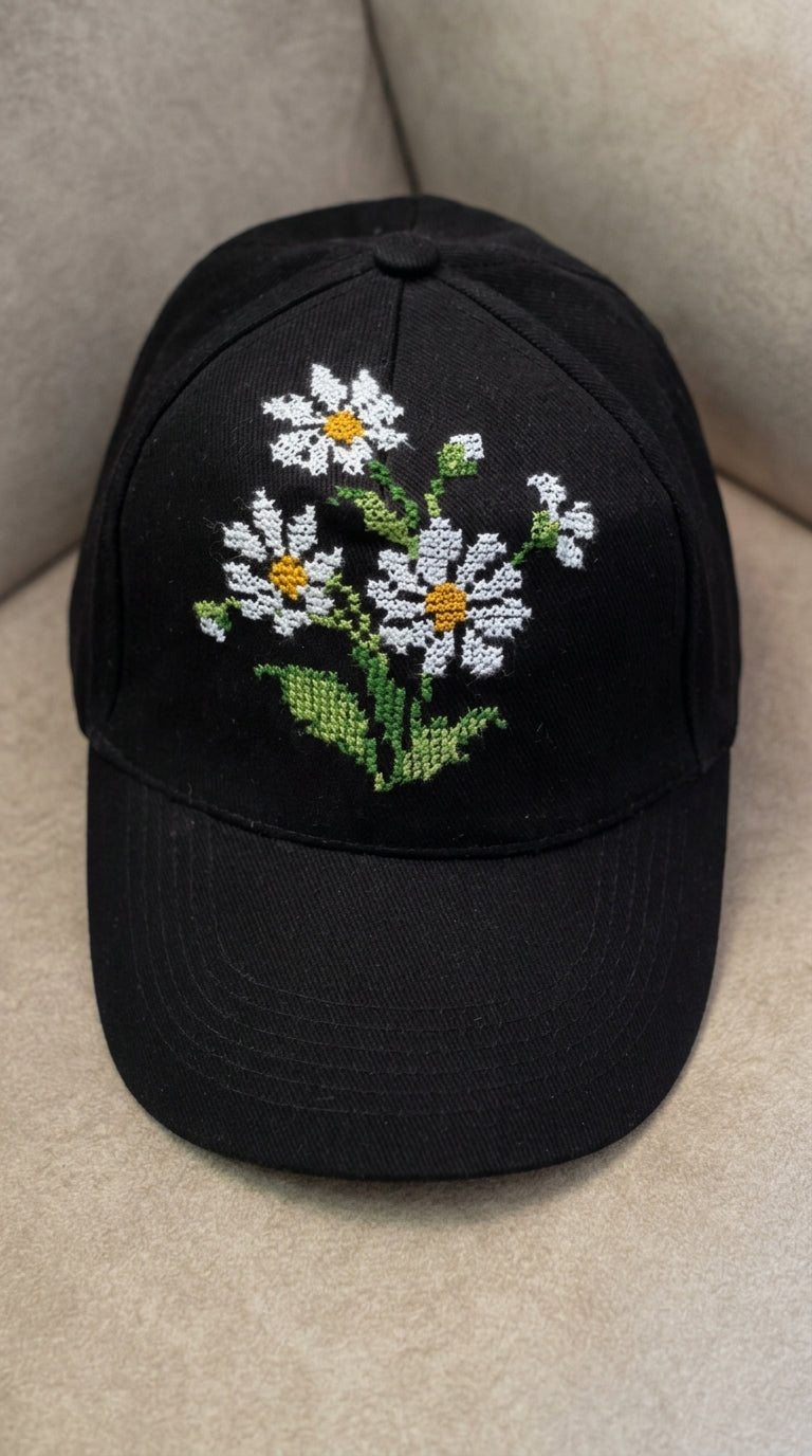 Black Daisy Hand-Embroidered Cap