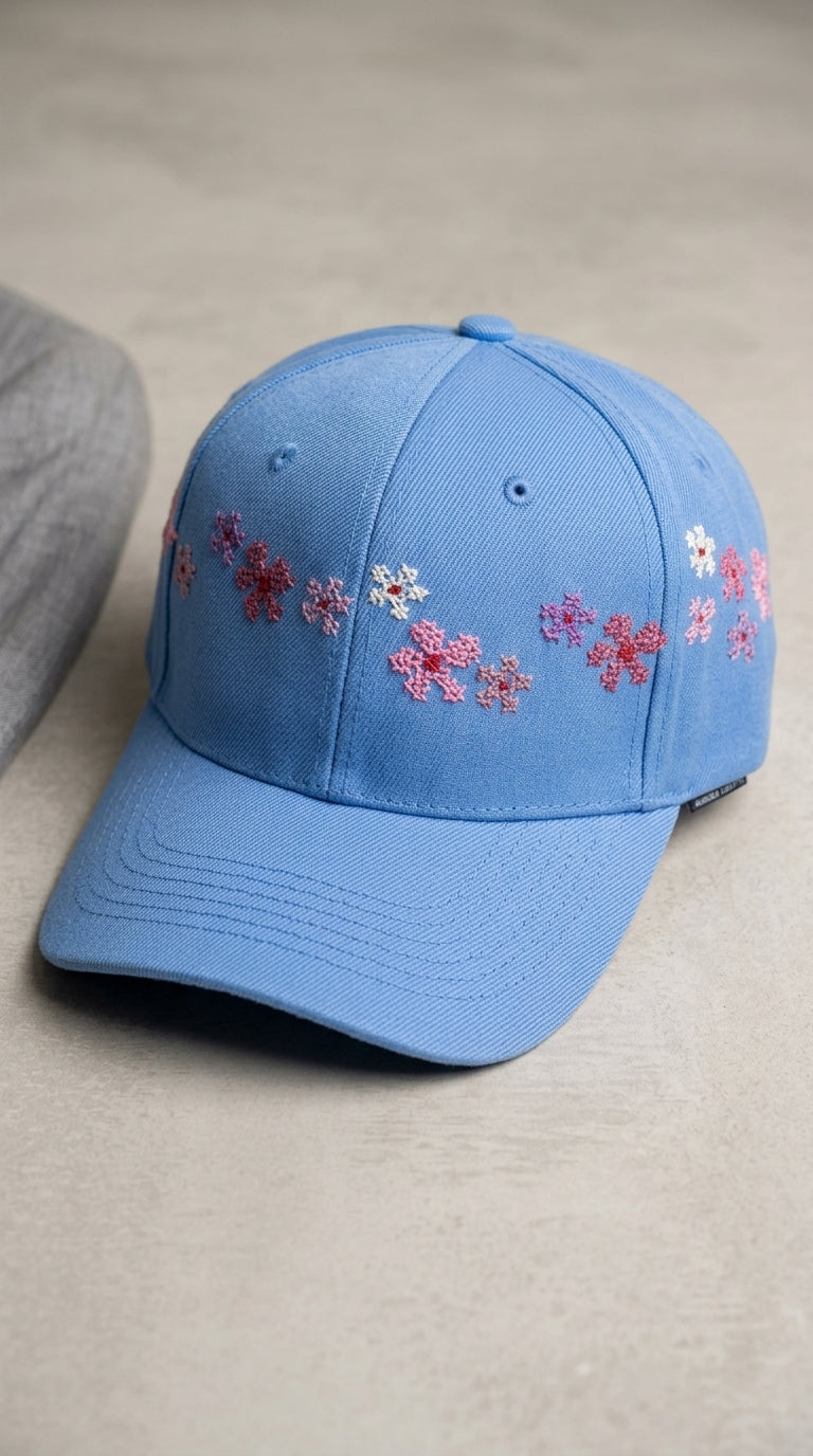 Light Blue Floral Hand-Embroidered Cap