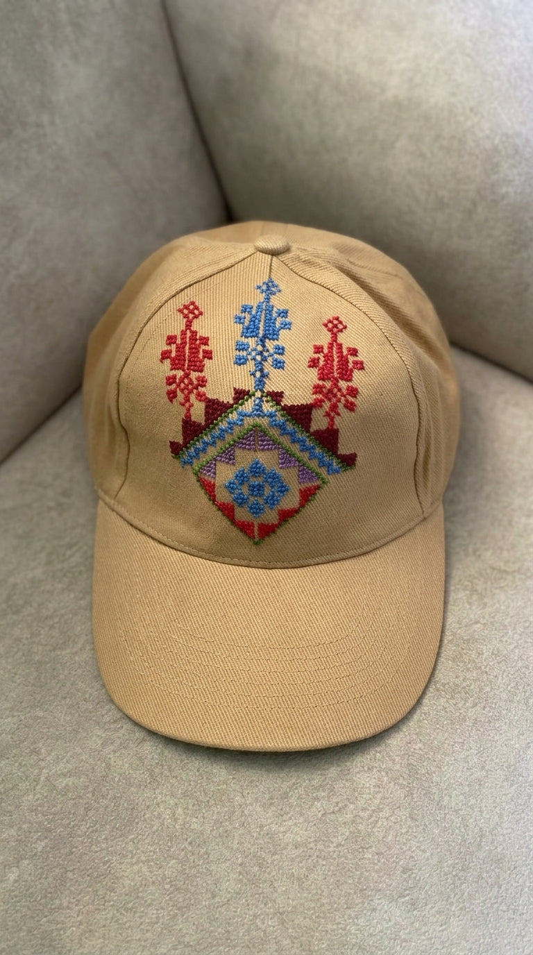 Tan Multicolor Crest Hand-Embroidered Cap