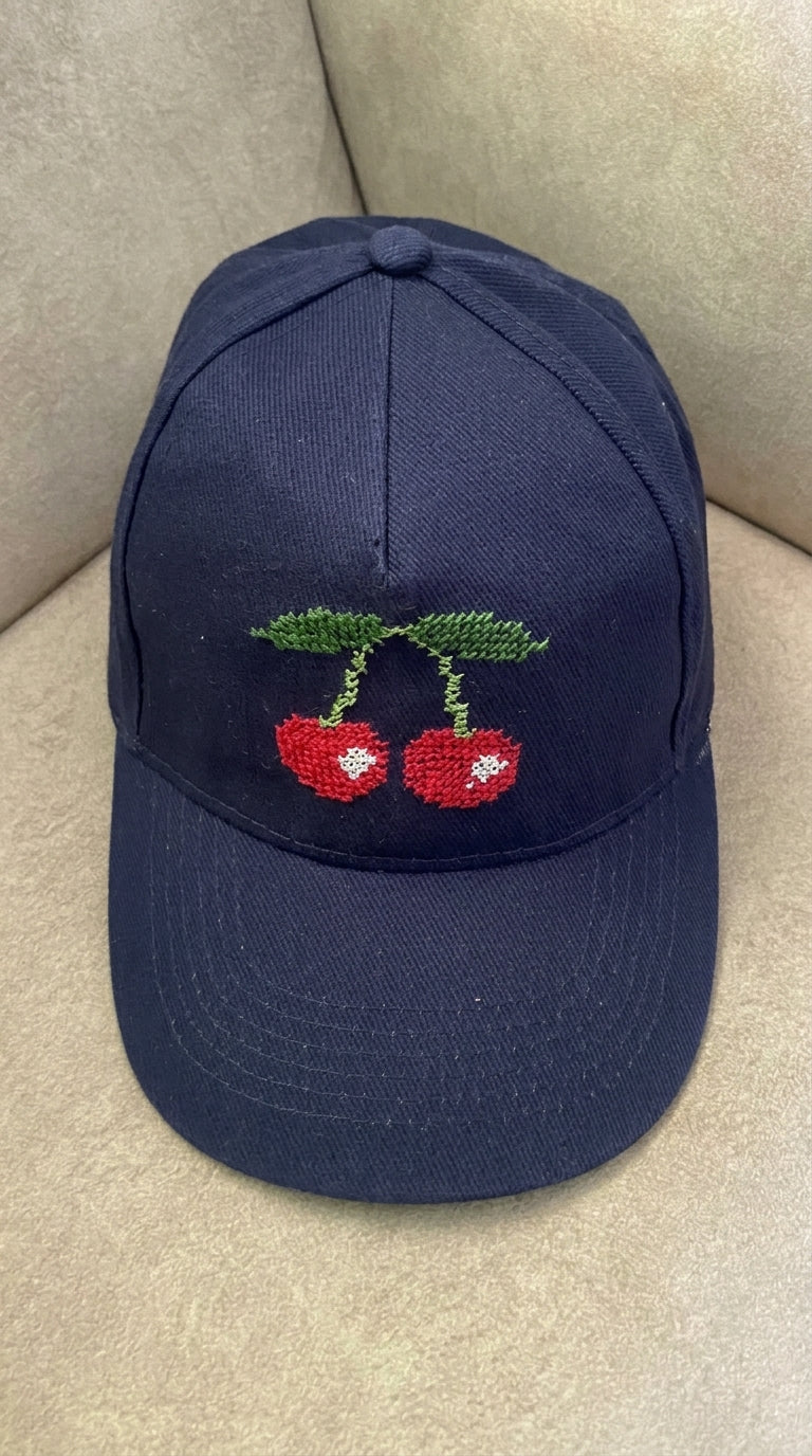 Navy Cherry Hand-Embroidered Cap