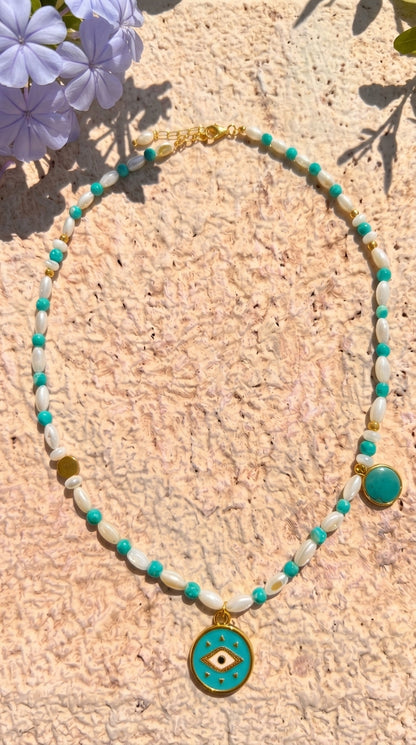 Pearl & Turquoise Evil Eye Medallion Necklace