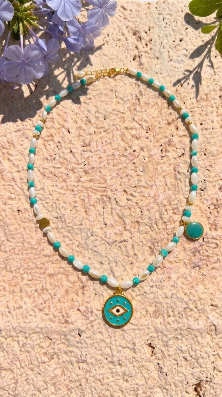 Pearl & Turquoise Evil Eye Medallion Necklace