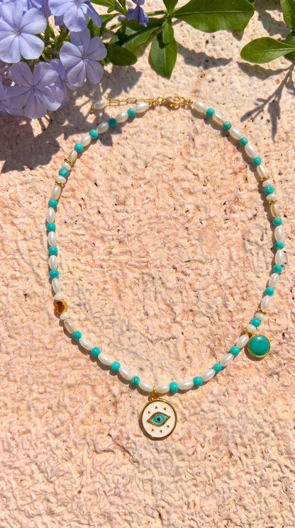 Smoky Quartz & Turquoise Evil Eye Necklace