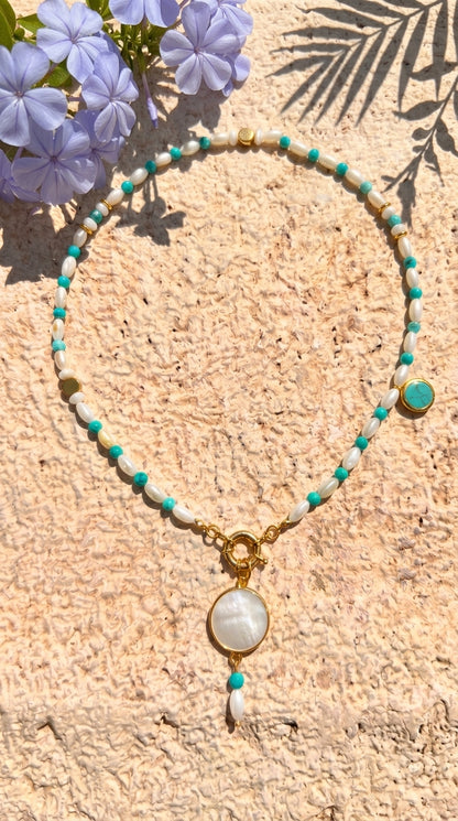 Pearl & Turquoise Mother of Pearl Coin Necklace