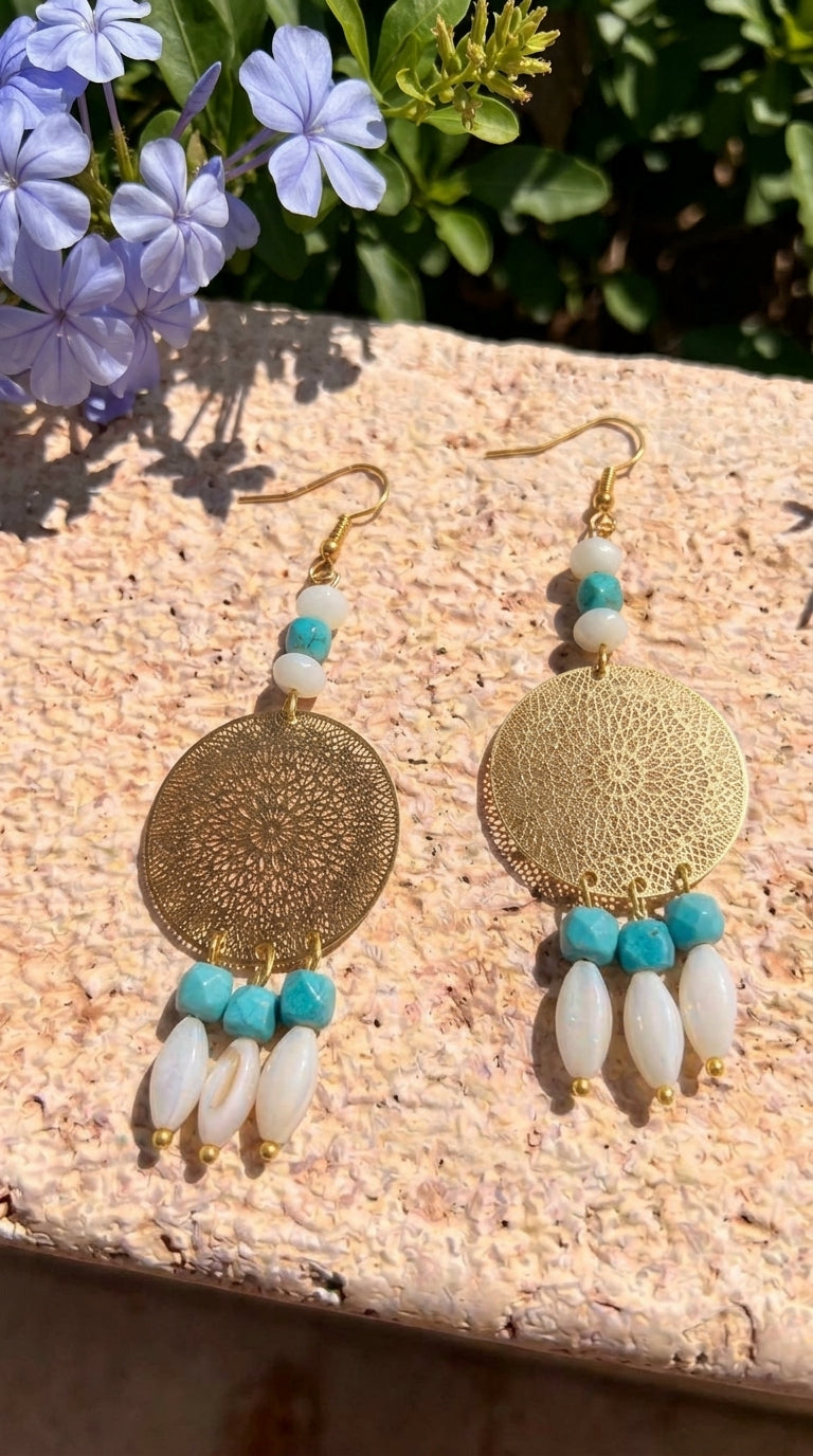 Gold Filigree Disc & Turquoise Fringe Earrings
