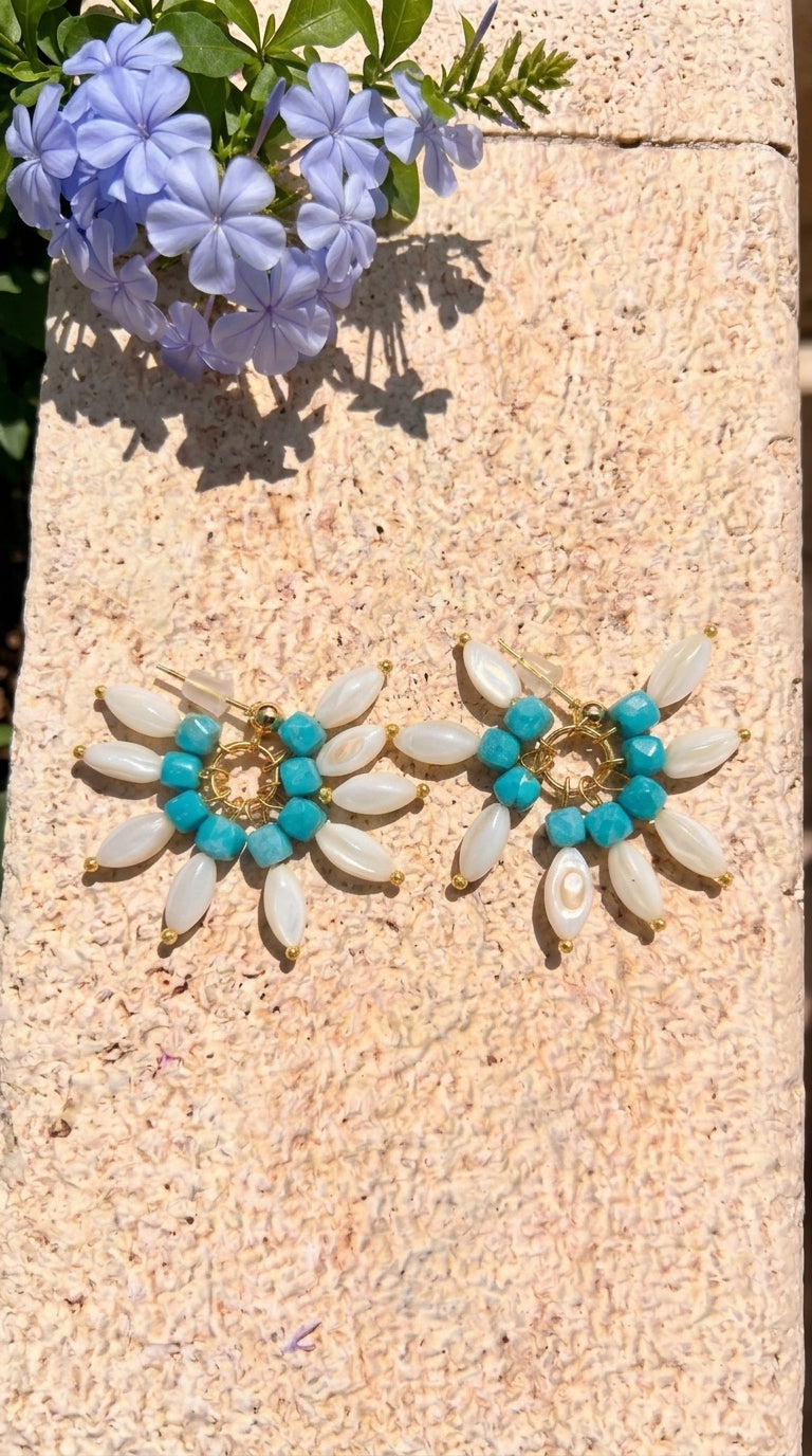 Mother of Pearl & Turquoise Sunburst Hoop Earrings – The Aqua Blossoms Collection