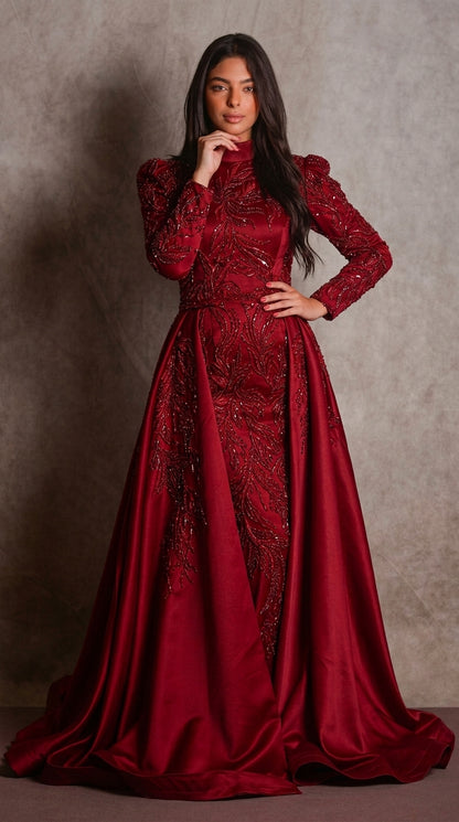 Burgundy Beaded 2-in-1 Convertible Evening Gown (Detachable Overskirt)