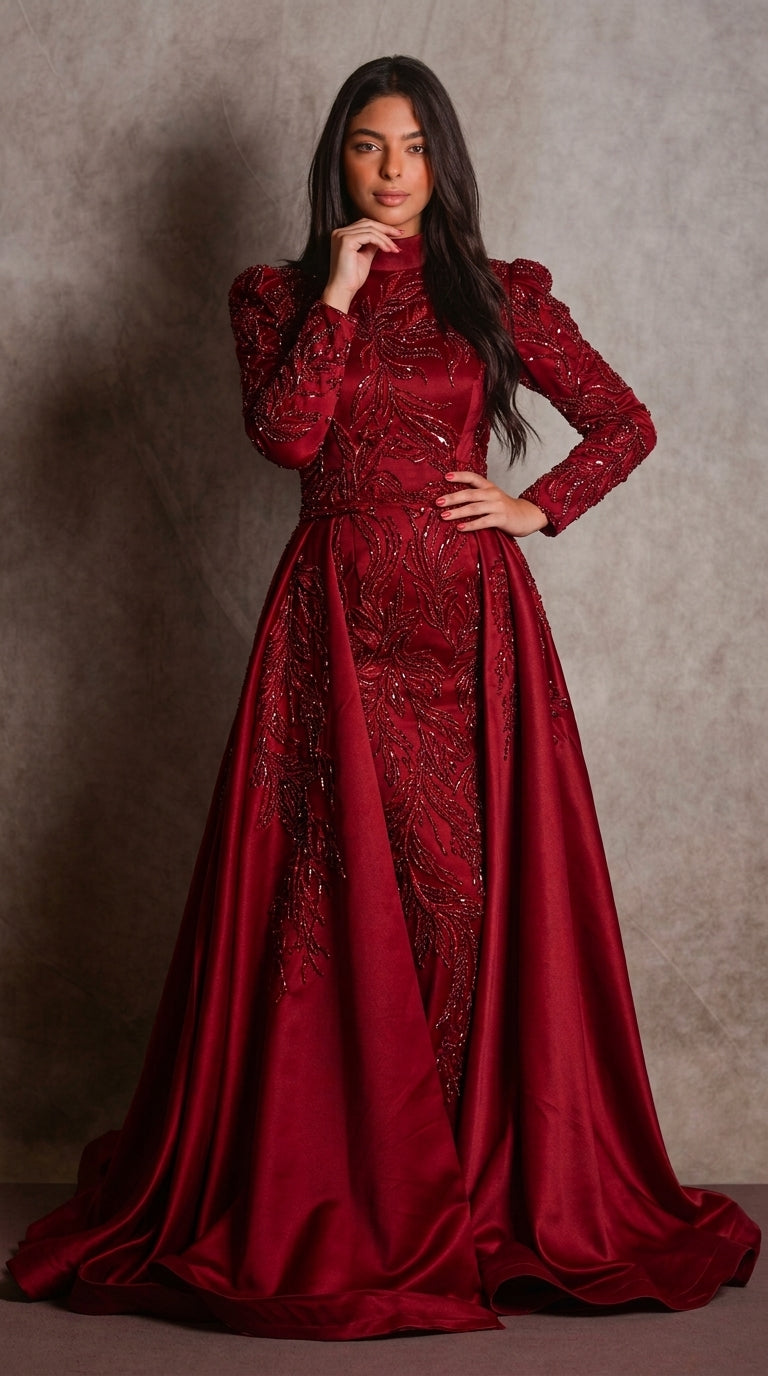 Burgundy Beaded 2-in-1 Convertible Evening Gown (Detachable Overskirt)