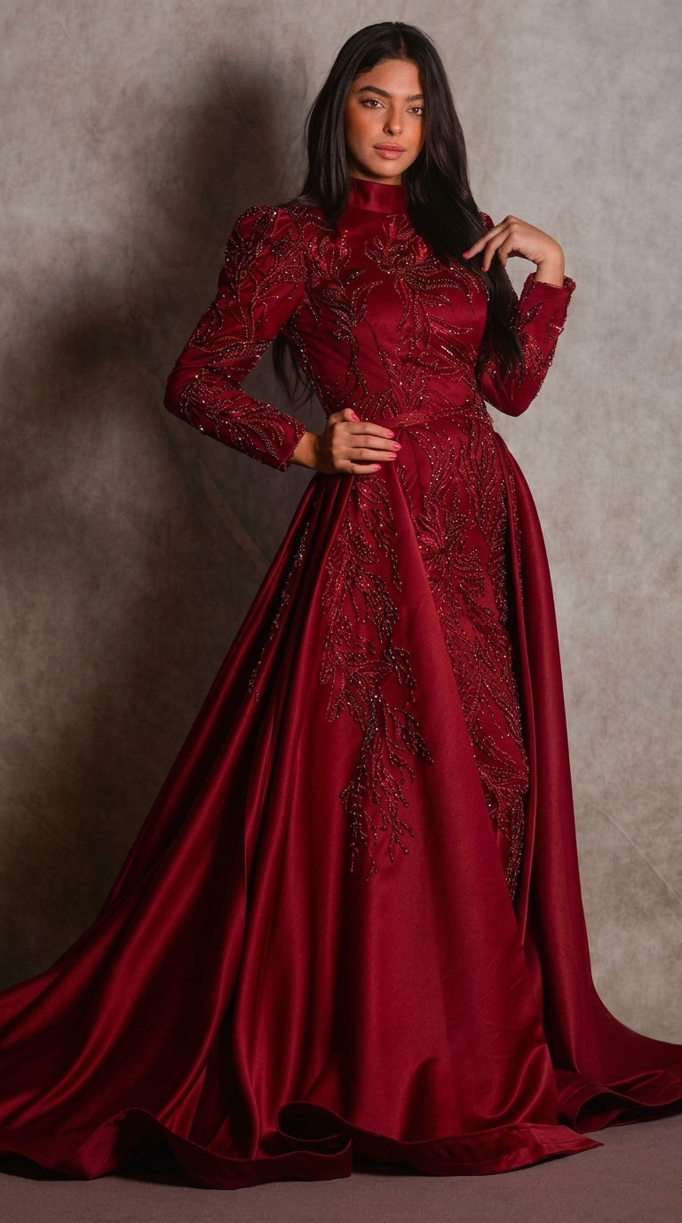 Burgundy Beaded 2-in-1 Convertible Evening Gown (Detachable Overskirt)