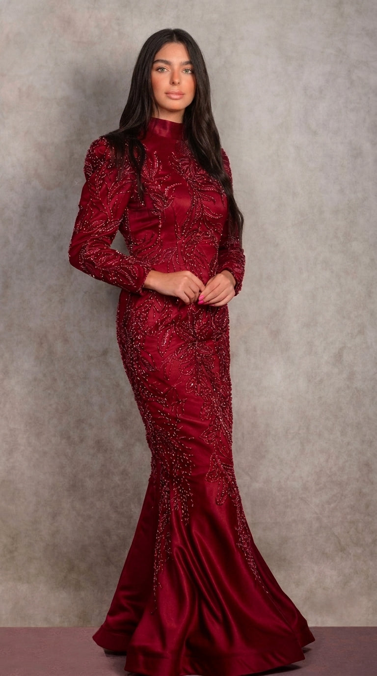 Burgundy Beaded 2-in-1 Convertible Evening Gown (Detachable Overskirt)