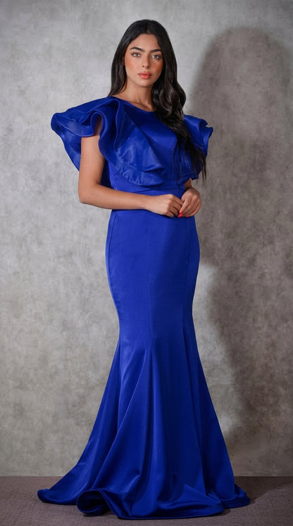 Royal Blue Satin Mermaid Gown with Ruffled Off-Shoulder Neckline