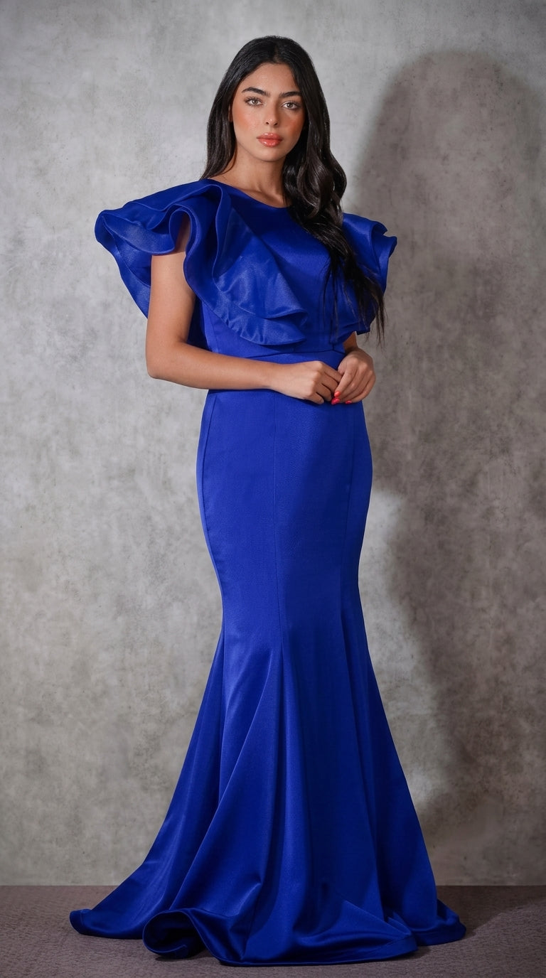 Royal Blue Satin Mermaid Gown with Ruffled Off-Shoulder Neckline