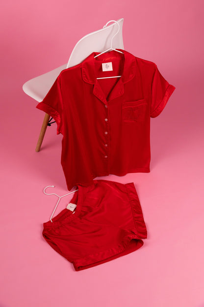 Satin Short Sleeve Pajama Set with Rhinestone