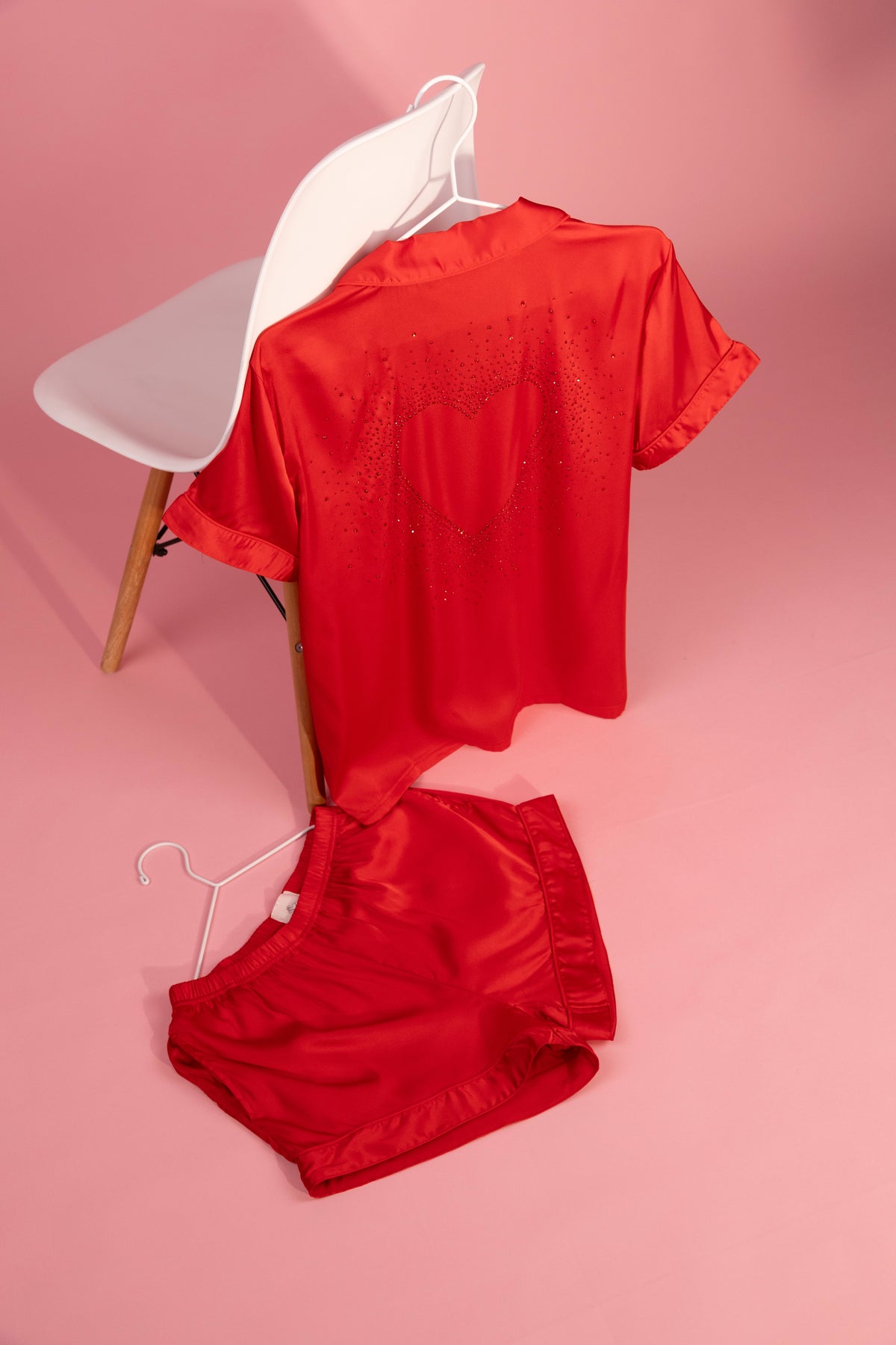 Satin Short Sleeve Pajama Set with Rhinestone