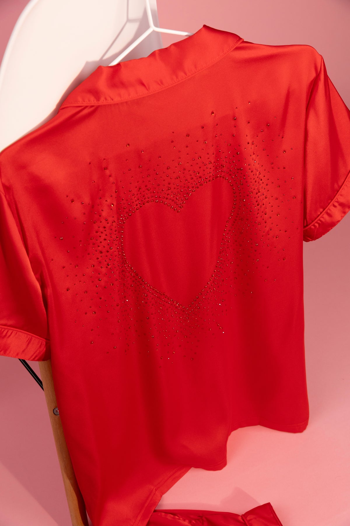 Satin Short Sleeve Pajama Set with Rhinestone