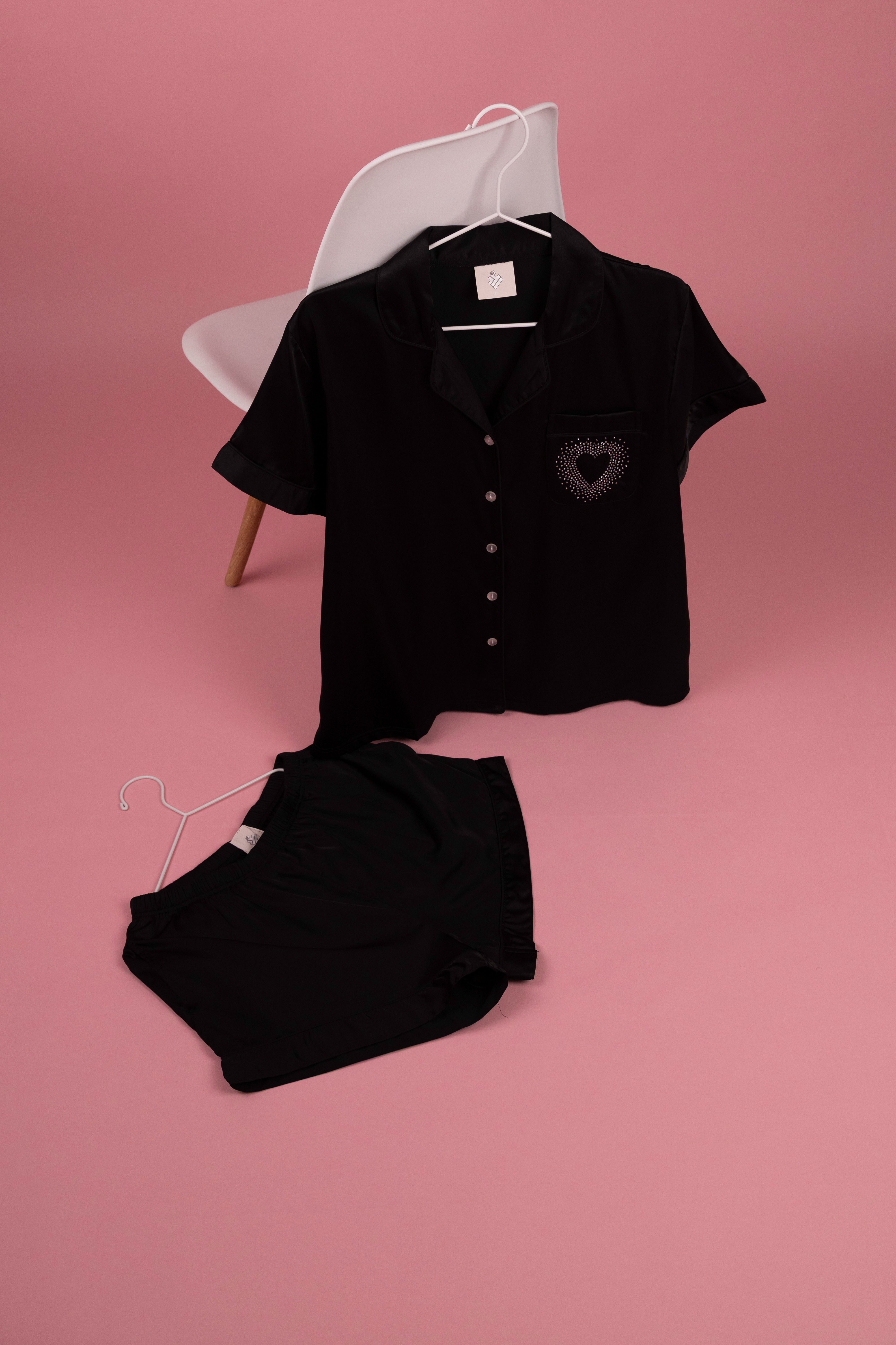 Satin Short Sleeve Pajama Set with Rhinestone Details
