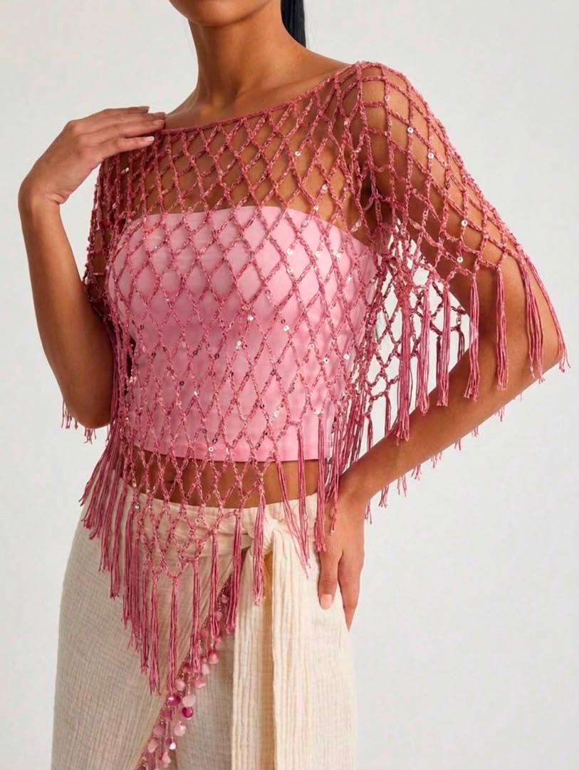 Sequined Macramé Poncho — detail of the macramé lattice