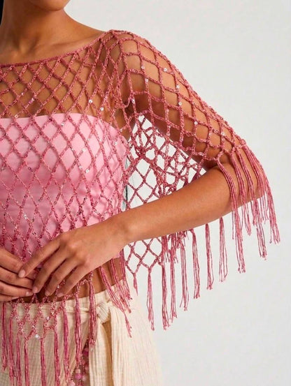 Sequined Macramé Poncho — detail of the macramé lattice