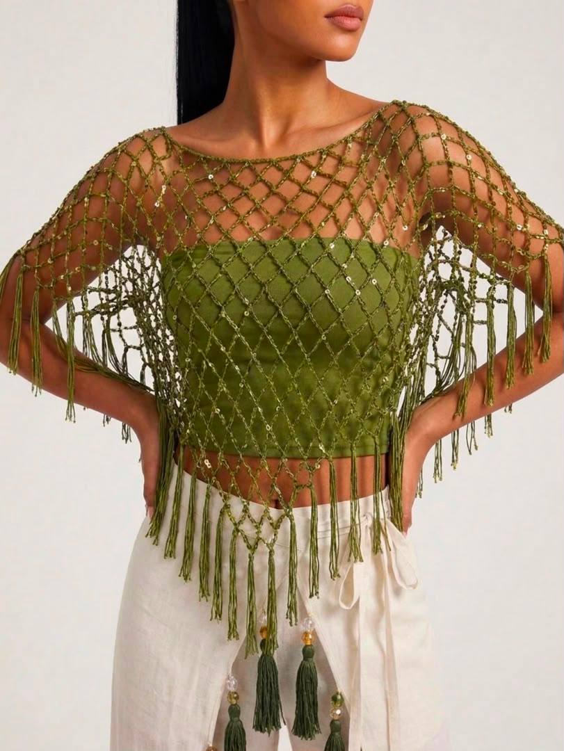 Sequined Macramé Poncho in Olive Green