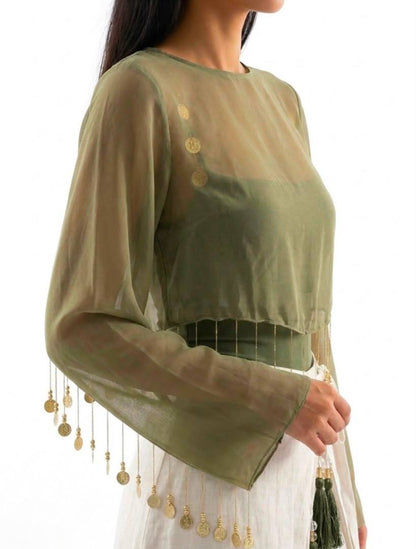 Transparent Structured Gold Coin Details Top — detail of the gold coin chains