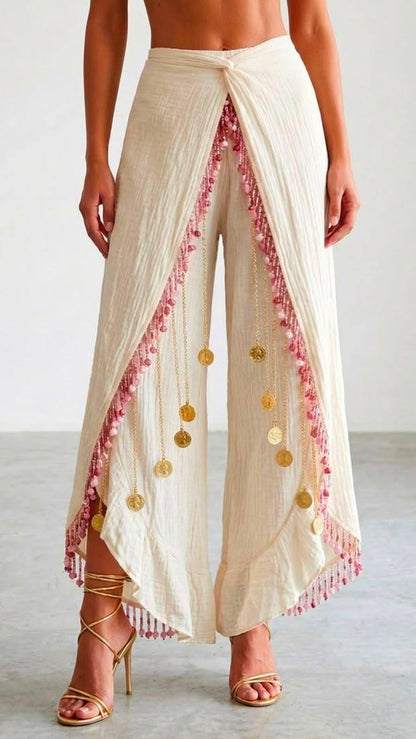Gauze Wrap Trousers with Beaded Trim and Gold Coin Chains in White