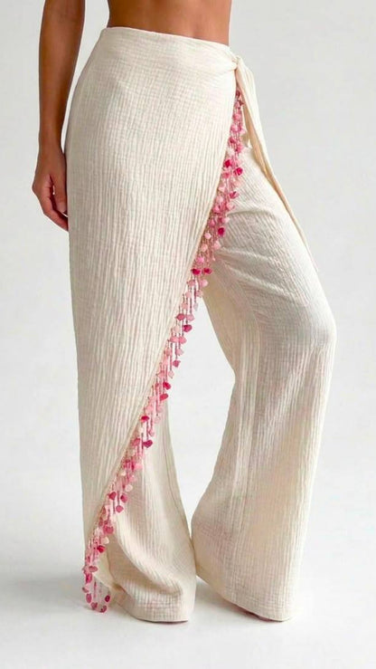 Textured Gauze with Hand Beaded Trim in White