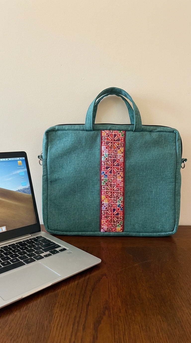 Embroidered Tatreez Laptop Bag - Teal Green