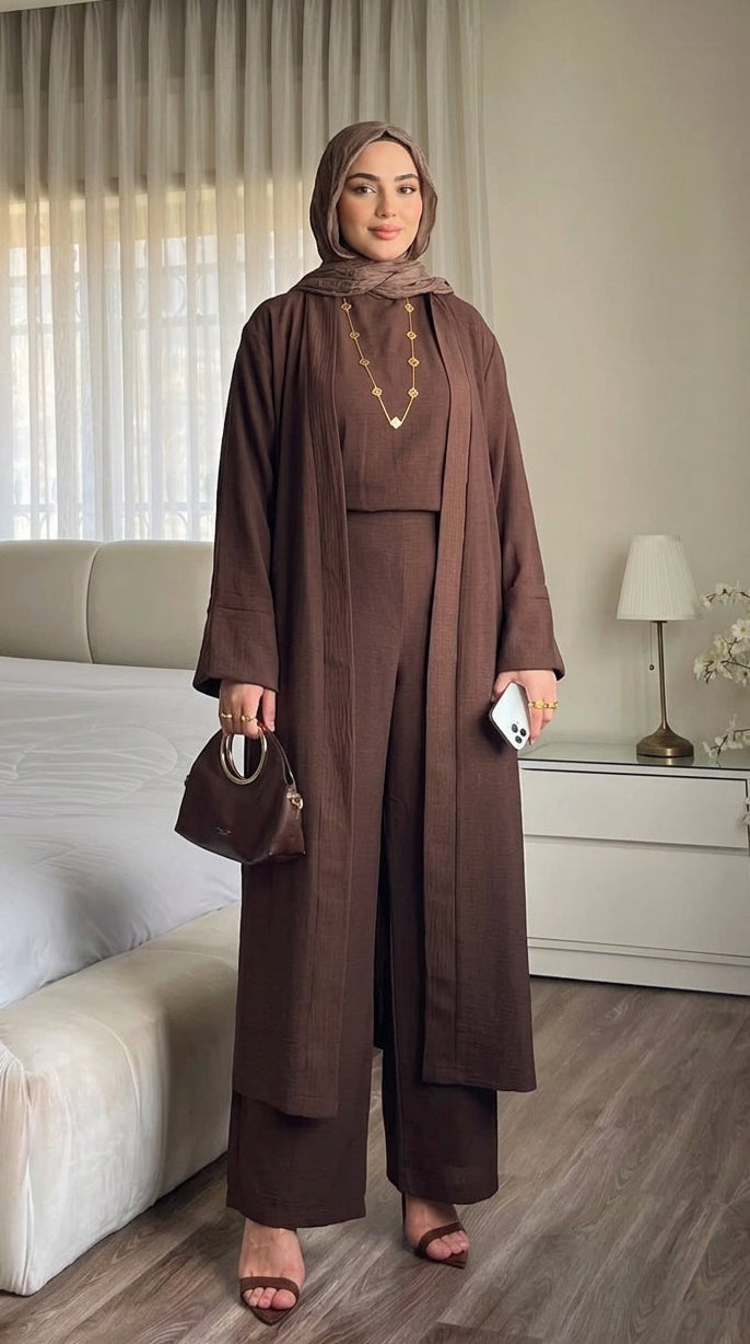 طقم محتشم ثلاث قطع بكيمونو مفتوح – بني