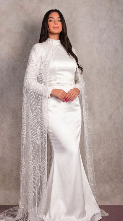 Ivory Satin Bridal Gown with Beaded Diamond Cape Sleeves