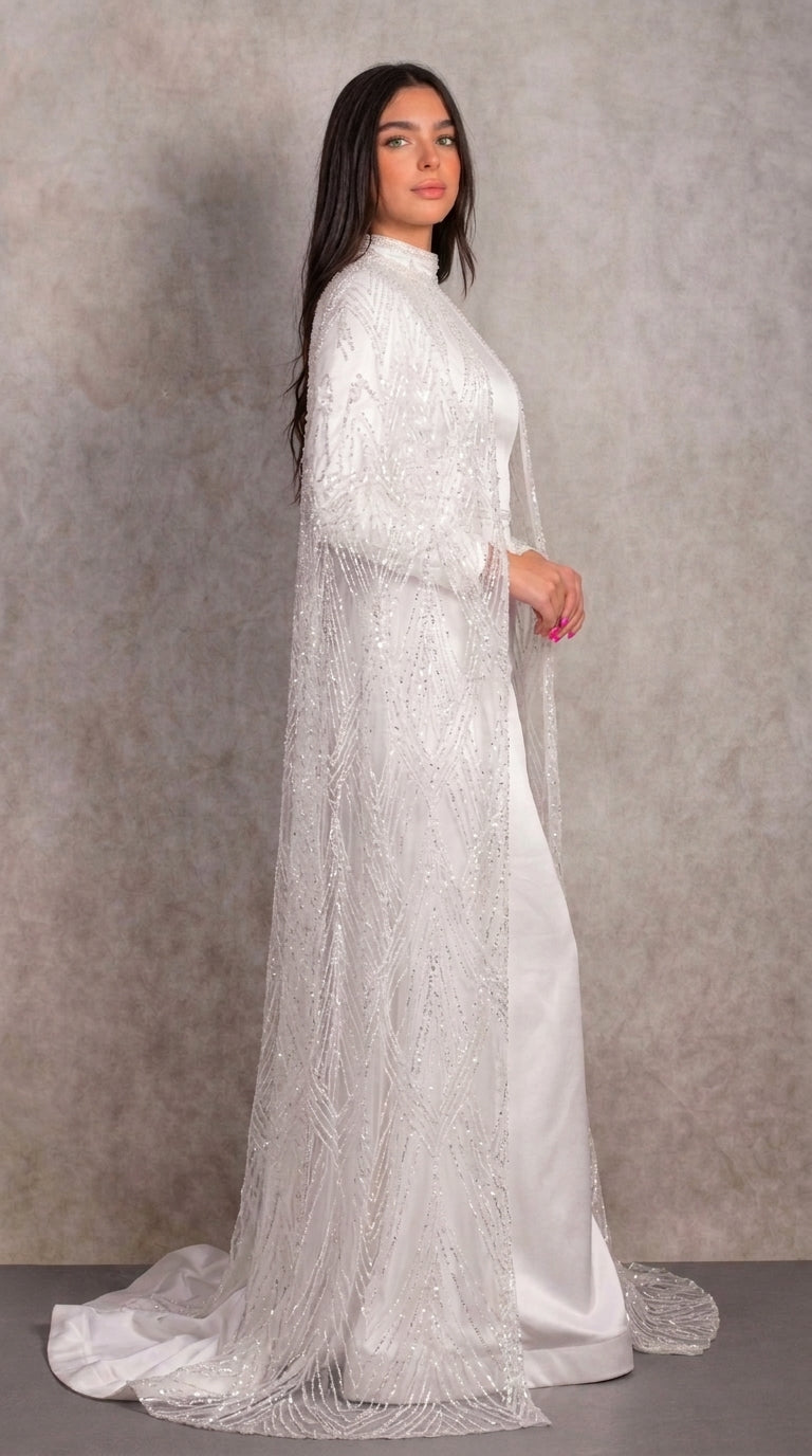 Ivory Satin Bridal Gown with Beaded Diamond Cape Sleeves