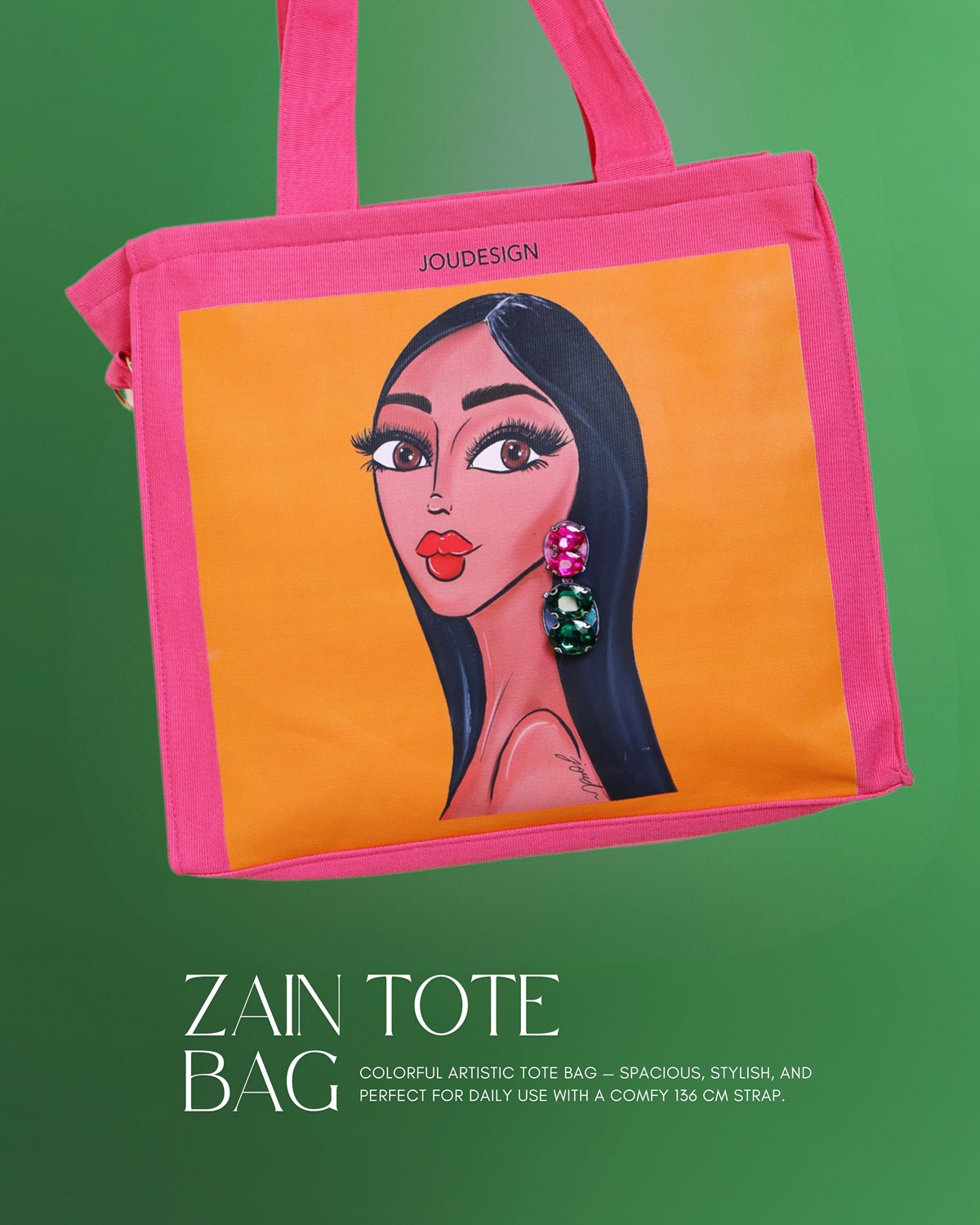Zain tote bag with a colorful artistic design on a green background