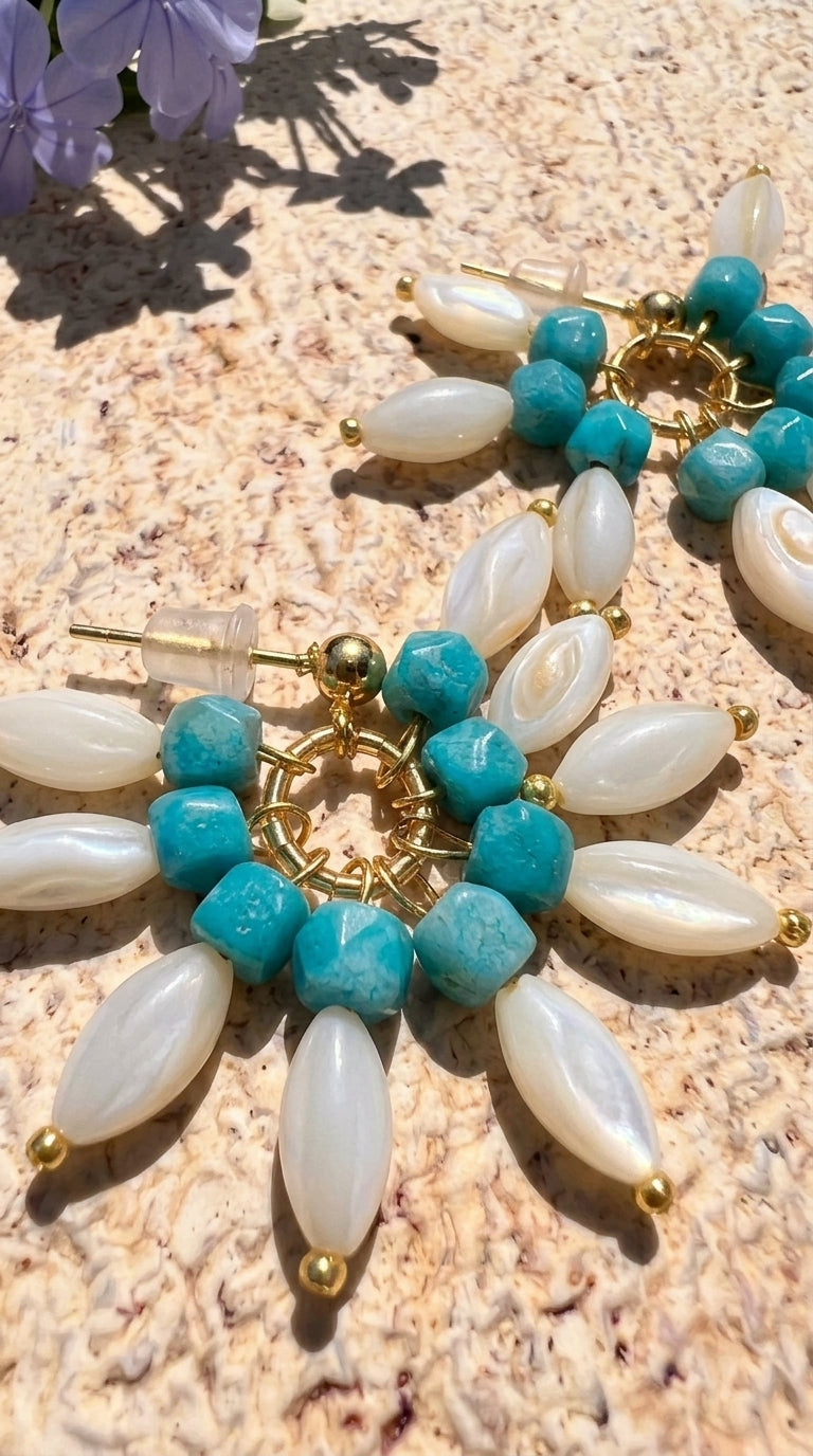 Mother of Pearl & Turquoise Sunburst Hoop Earrings – The Aqua Blossoms Collection