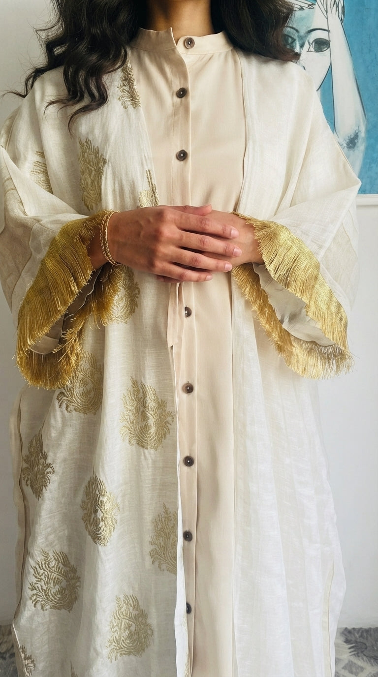 Cream & Gold Patterned Bisht