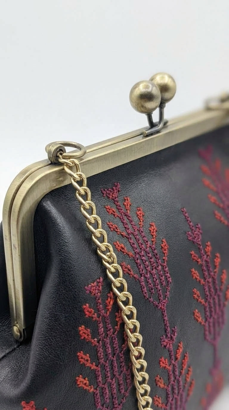 Black Kiss-Lock Bag with Burgundy Embroidery