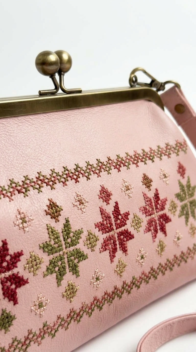 Blush Pink Kiss-Lock Bag with Floral Cross-Stitch