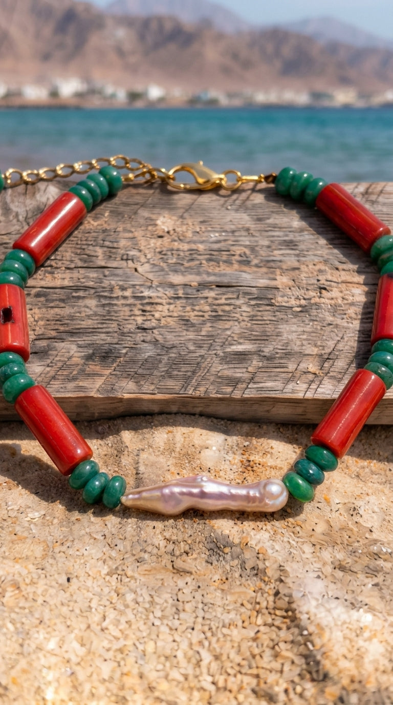 Red Coral, Malachite & Baroque Pearl Bracelet – Murjan Collection