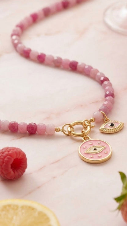 Rose Quartz & Tourmaline Evil Eye Necklace – The Pink Lemonade Collection