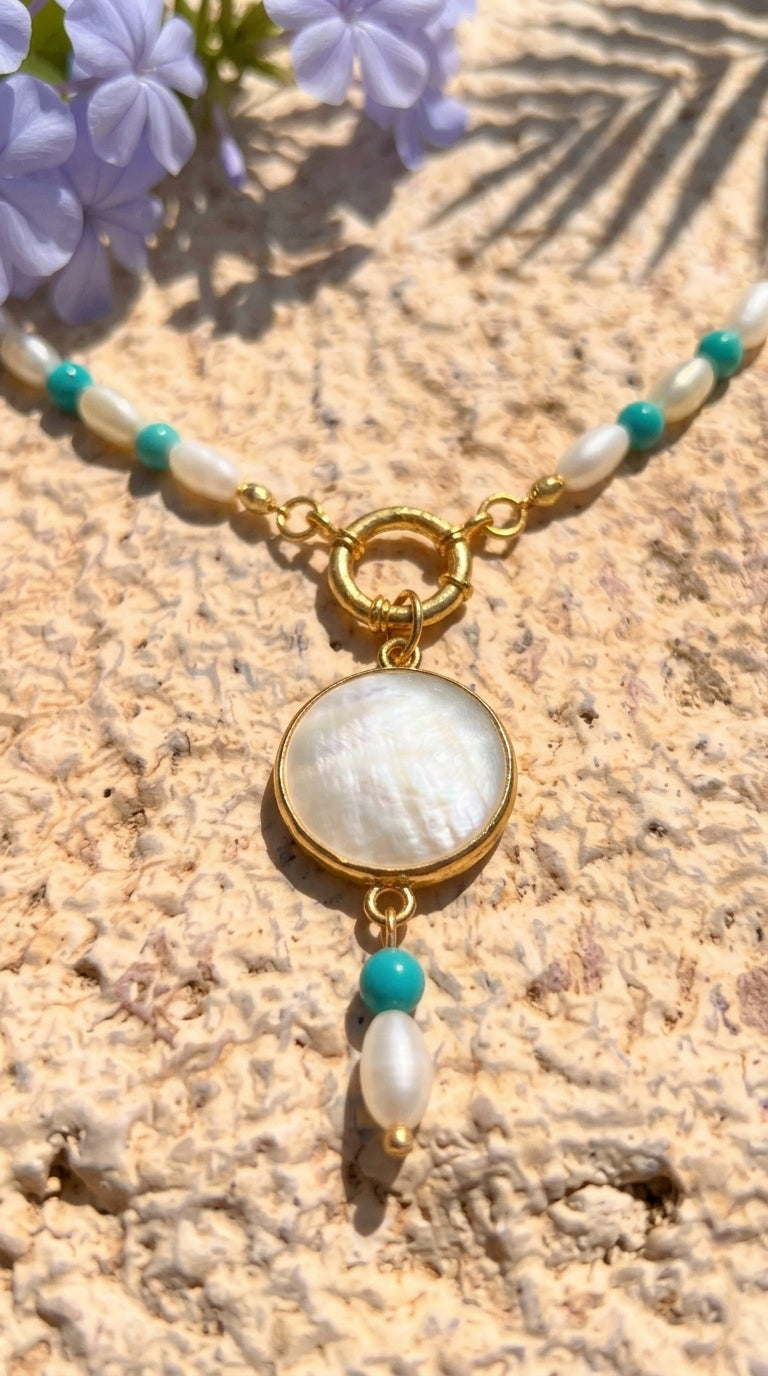 Pearl & Turquoise Mother of Pearl Coin Necklace