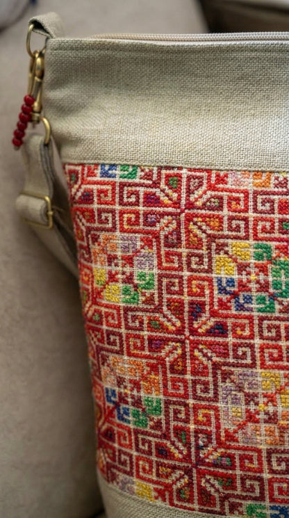 Beige Red Floral Hand-Embroidered Crossbody Bag