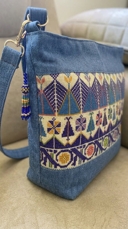Indigo Denim Hand-Embroidered Crossbody Bag