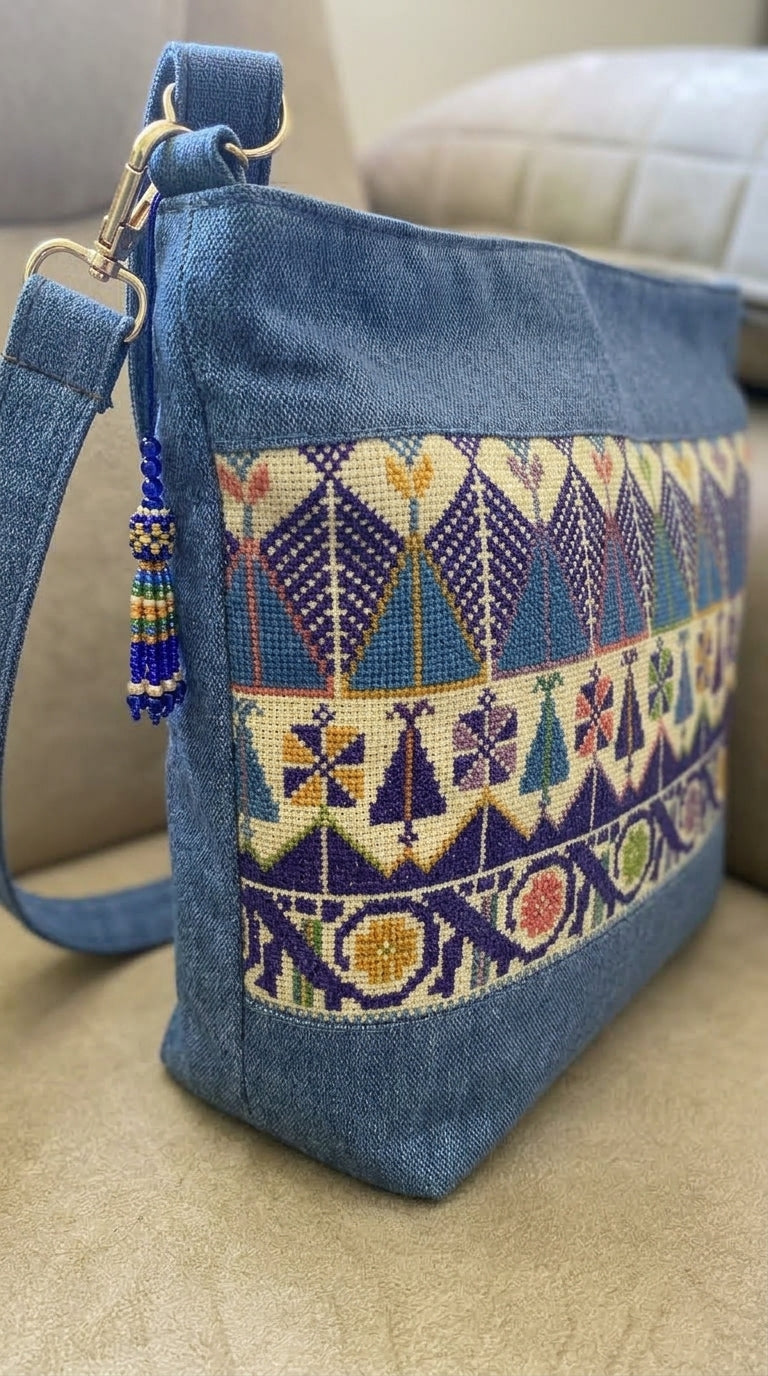 Indigo Denim Hand-Embroidered Crossbody Bag