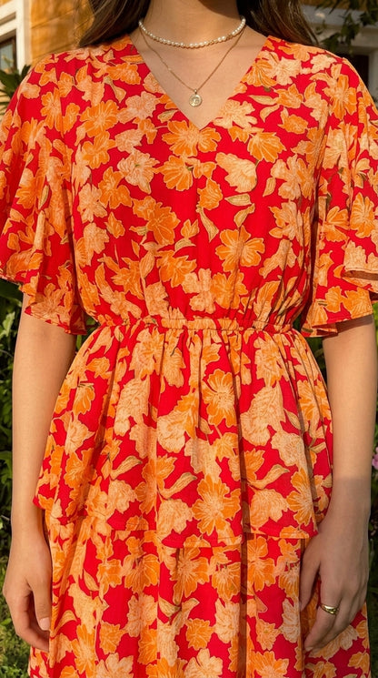 Floral V-Neck Flutter-Sleeve Mini Dress
