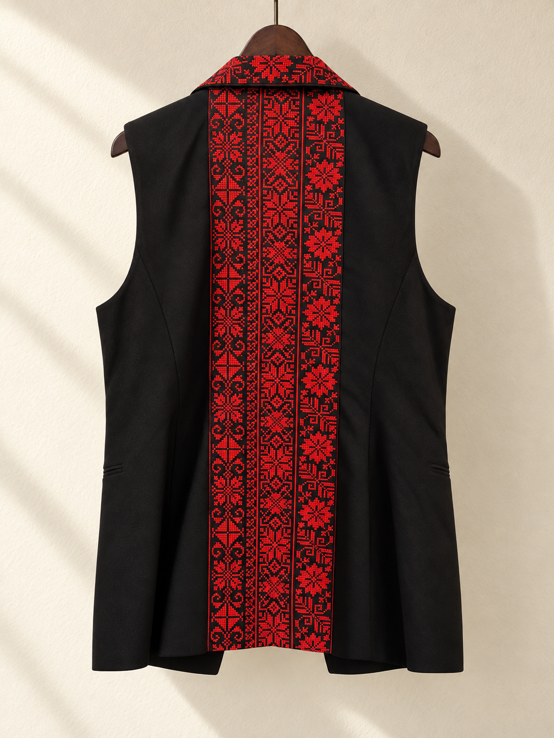 Black Sleeveless Blazer Vest with Red Embroidered Collar — back view on wooden hanger