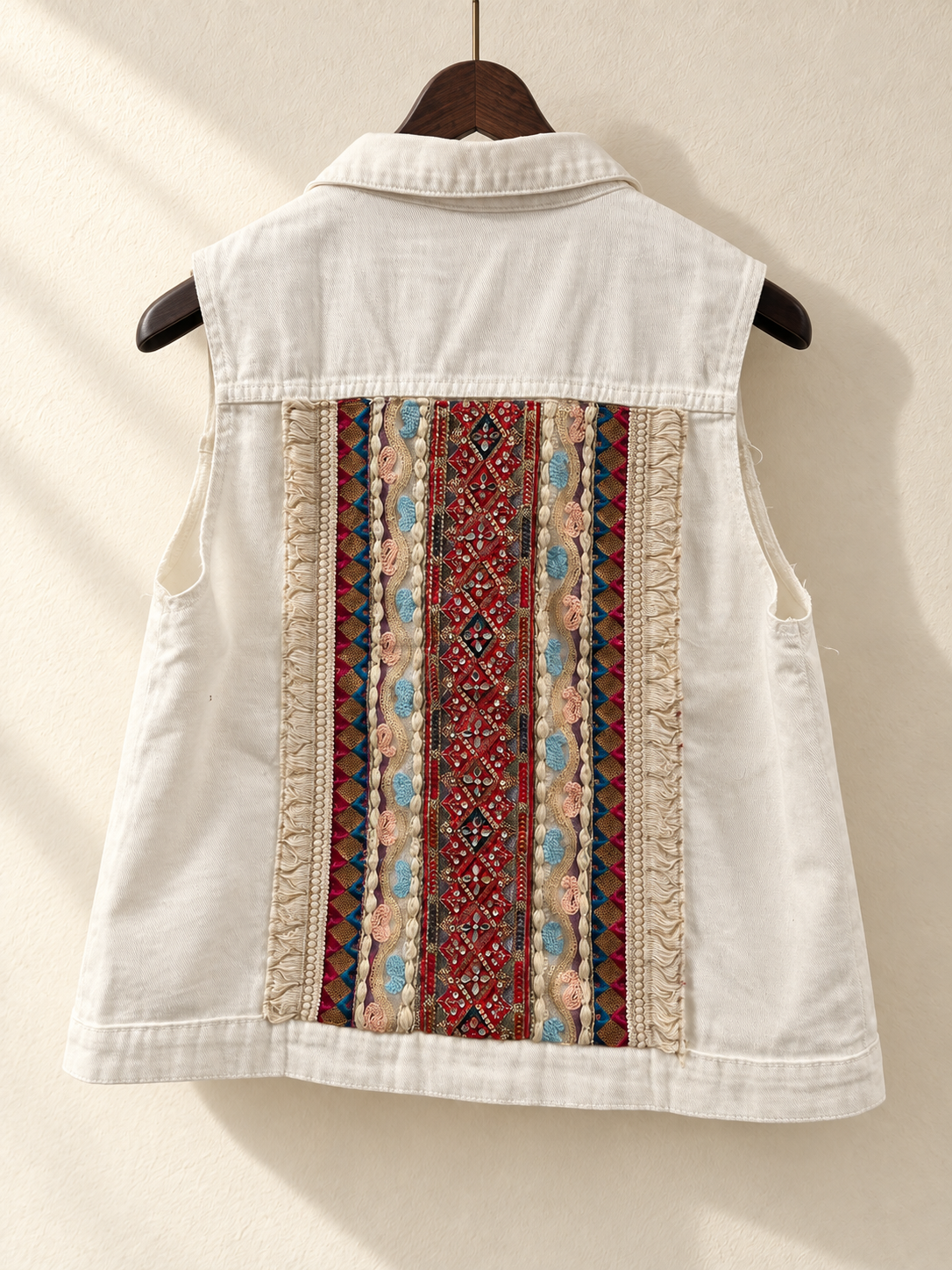 Cream Sleeveless Denim Vest with Colorful Embroidered Back Panel — back view on wooden hanger