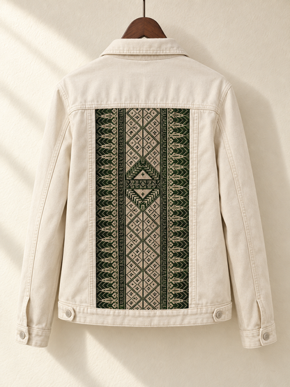Cream Denim Jacket with Green Embroidered Back Panel — back view on wooden hanger