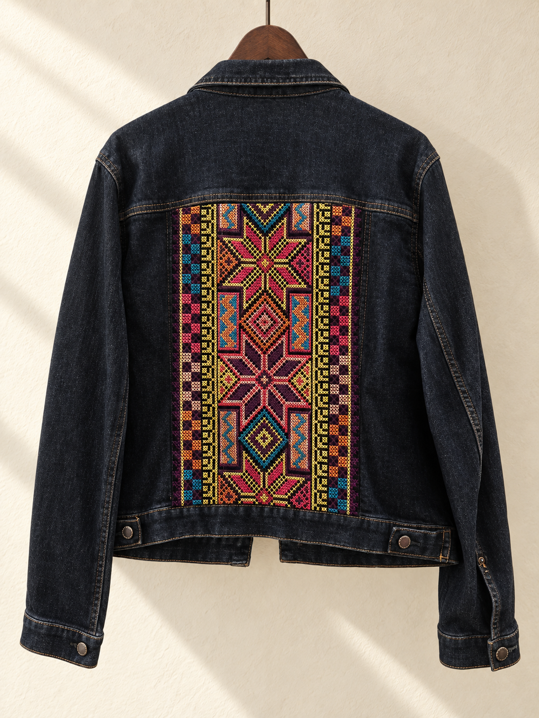 Denim Jacket with Colorful Embroidered Star Back Panel — back view on wooden hanger