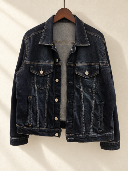 Denim Jacket with Colorful Embroidered Star Back Panel — front view on wooden hanger